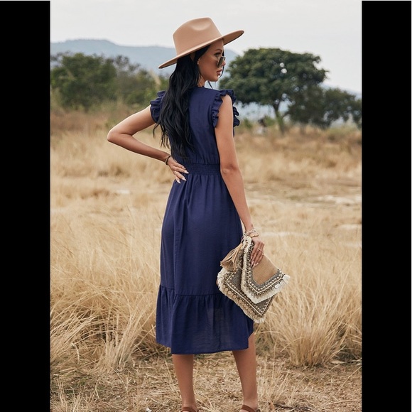 Dark navy V neck sleeveless ruffle dress - Picture 3 of 3